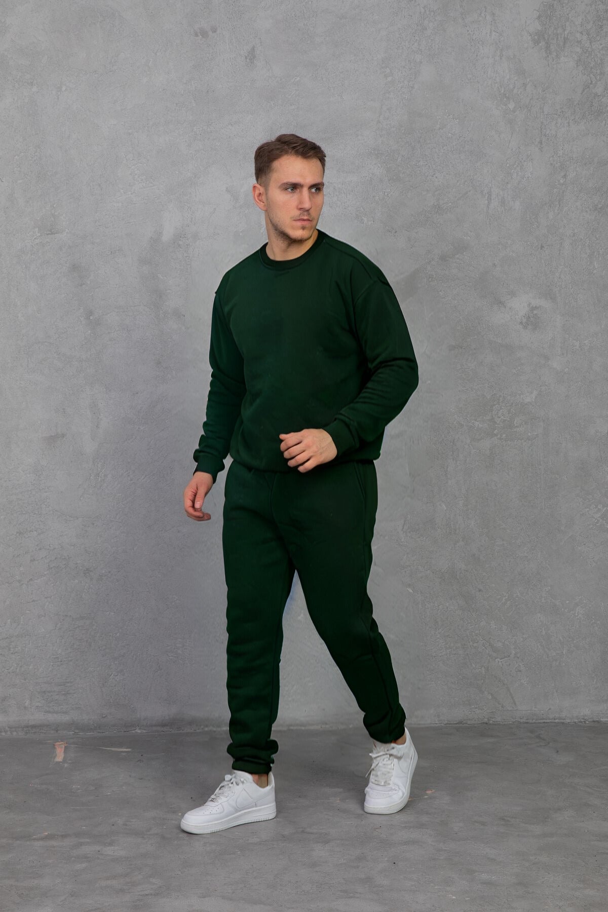 Erkek Bisiklet Yaka Oversize Salaş Bol Eşofman Takımı - Koyu Yeşil - 1