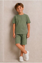 Çocuk Kısa Kollu Baskısız Basic Oversıze Geniş Kalıp Beli Bağlamalı Esnek 1-10 Yaş Arası Yaz Sezonu Sportif T-shirt / Şort Takım - Yeşil - 6