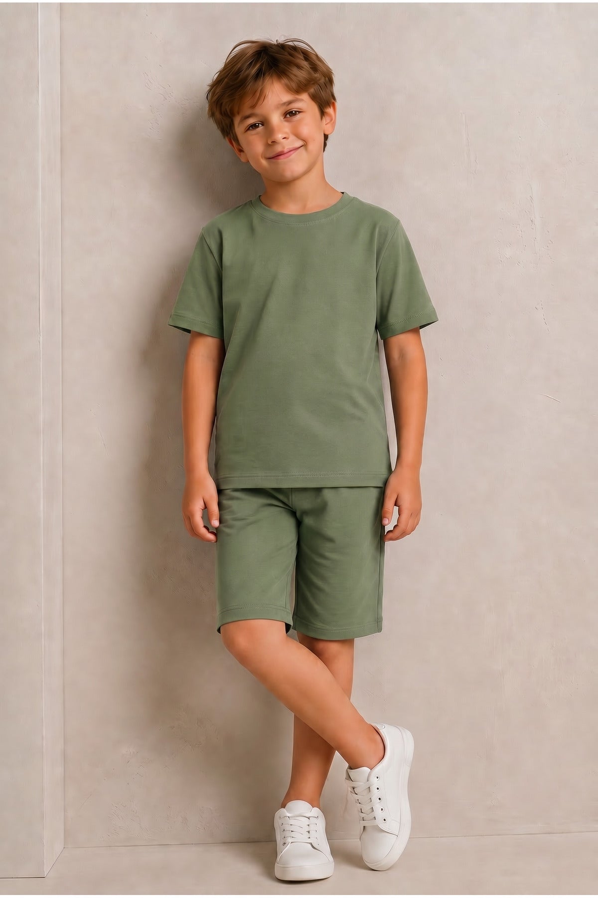 Çocuk Kısa Kollu Baskısız Basic Oversıze Geniş Kalıp Beli Bağlamalı Esnek 1-10 Yaş Arası Yaz Sezonu Sportif T-shirt / Şort Takım - Yeşil - 6