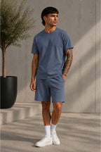 Erkek Oversize Basic Şortlu Bisiklet Yaka Yazlık İ̇kili Takım - Füme - 3