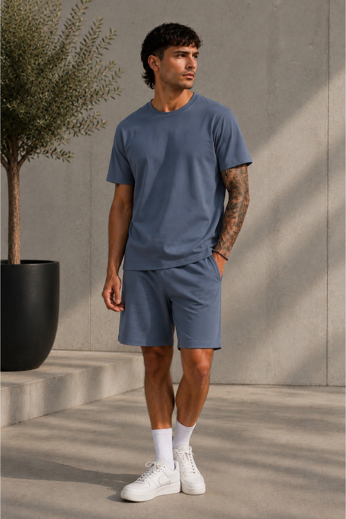 Erkek Oversize Basic Şortlu Bisiklet Yaka Yazlık İ̇kili Takım - Füme - 3