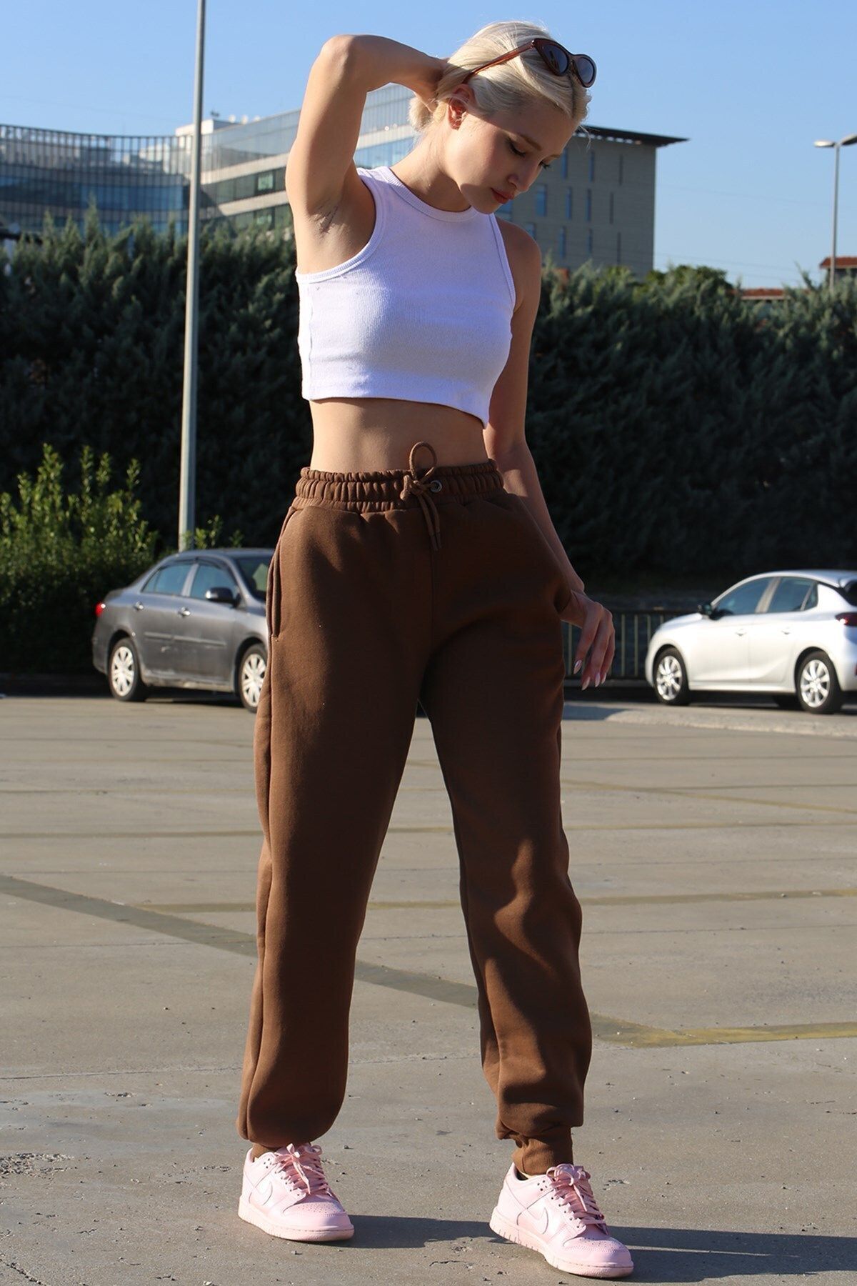 Kadın Kahve Kışlık Kalın İ̇çi Polarlı Yüksek Bel Paçası Lastikli Jogger Eşofman Altı - Brown/Kahverengi - 1