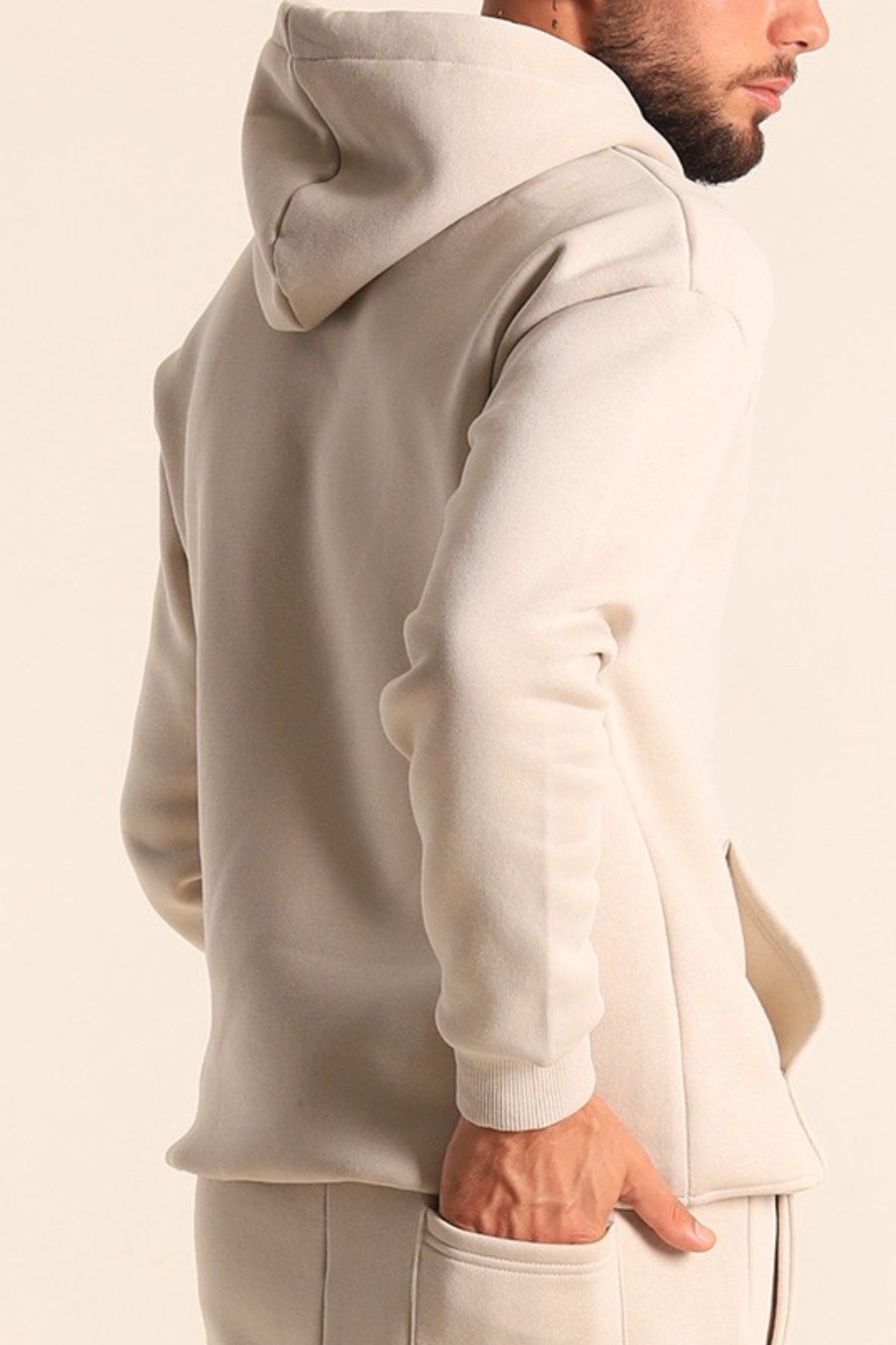 Erkek Rahat Kalın Pamuklu Kışlık Sweatshirt - Krem - 3
