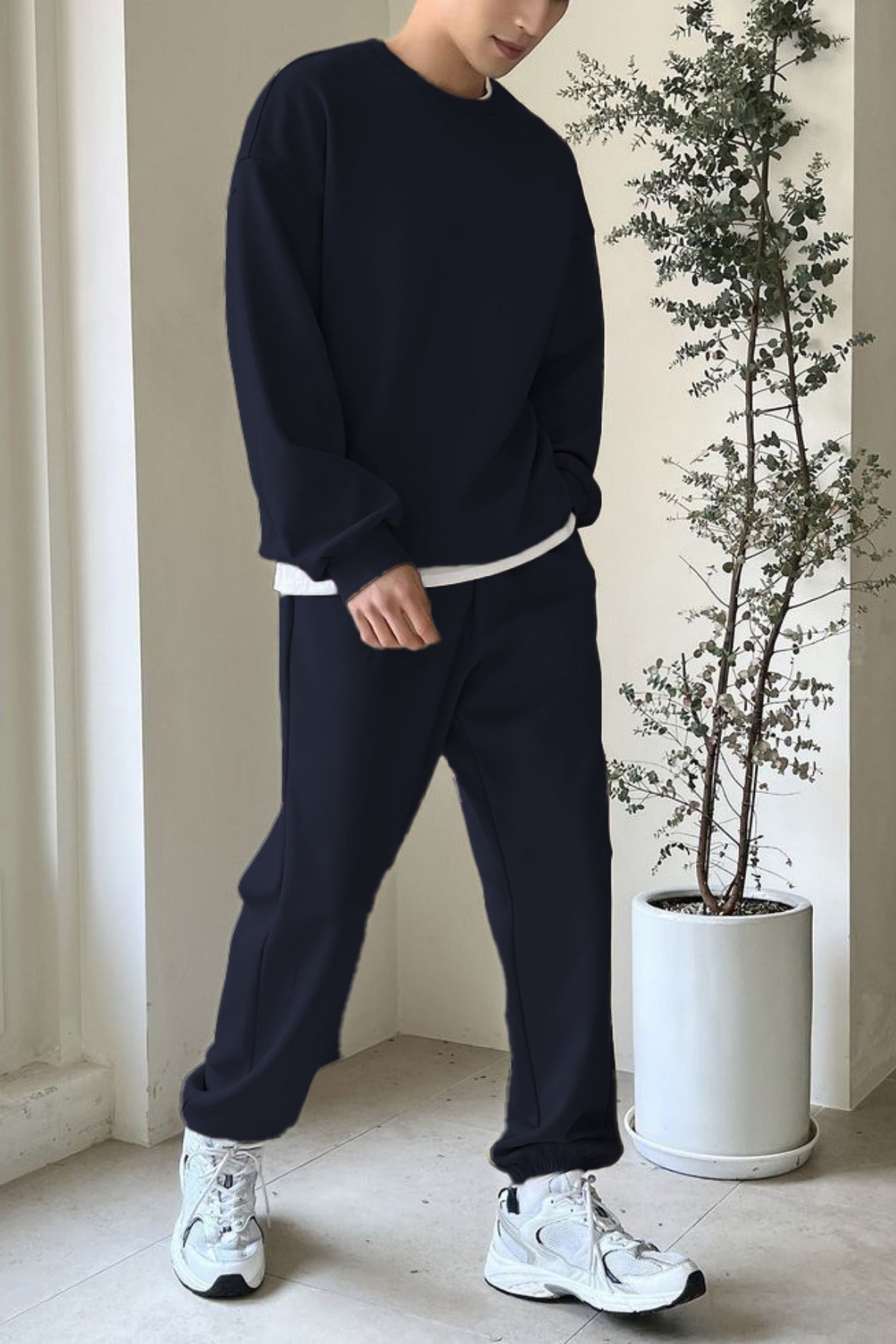 Erkek Bisiklet Yaka Oversize Jogger Paçası Lastikli Alt Üst Eşofman Takımı - Lacivert - 2