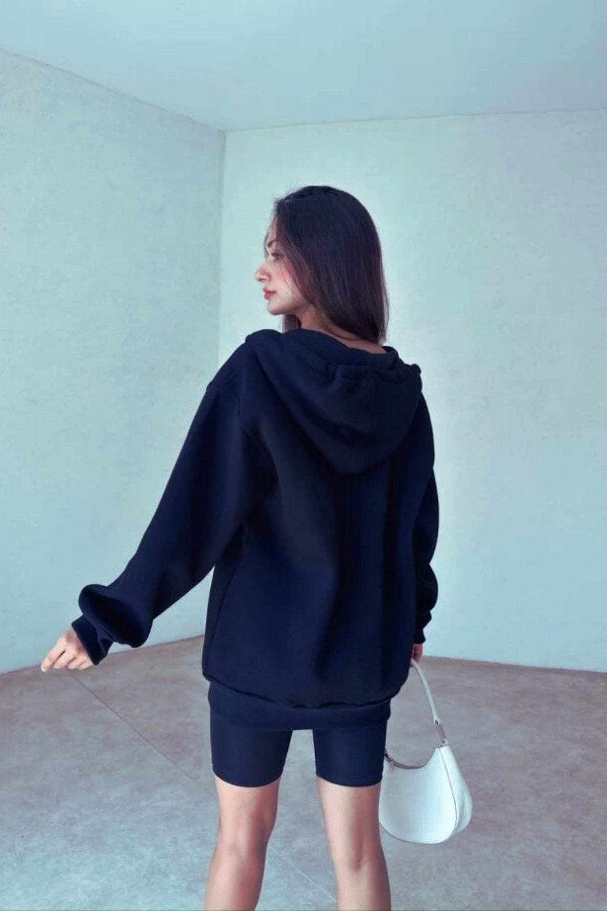 Kadın 3 İ̇plik Oversize Kapüşonlu Fermuarlı Hırka Sweatshirt - Lacivert - 3