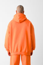Erkek Bol Kesim Oversize 3 İplik İçi Pamuklu Şardonlu Kanguru Cep Kapşonlu Kışlık Hoodie Sweatshirt - Turuncu - 4