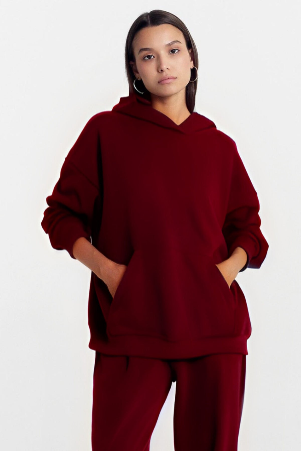 Kadın Baskısız Düz İ̇çi Şardonlu Kalın Kışlık Sweatshirt - Bordo - 3