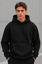 Erkek Oversize Kapüşonlu Sweatshirt Basic Hoodie Cepli - Siyah - 4