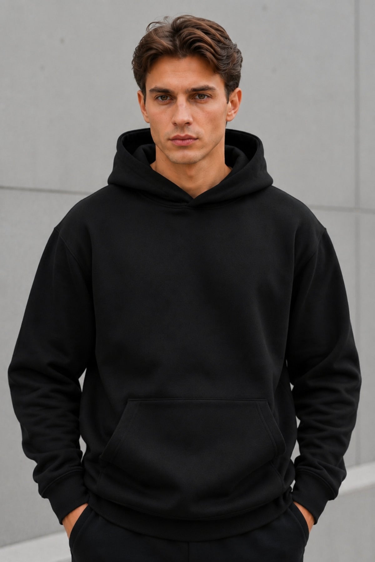 Erkek Oversize Kapüşonlu Sweatshirt Basic Hoodie Cepli - Siyah - 4