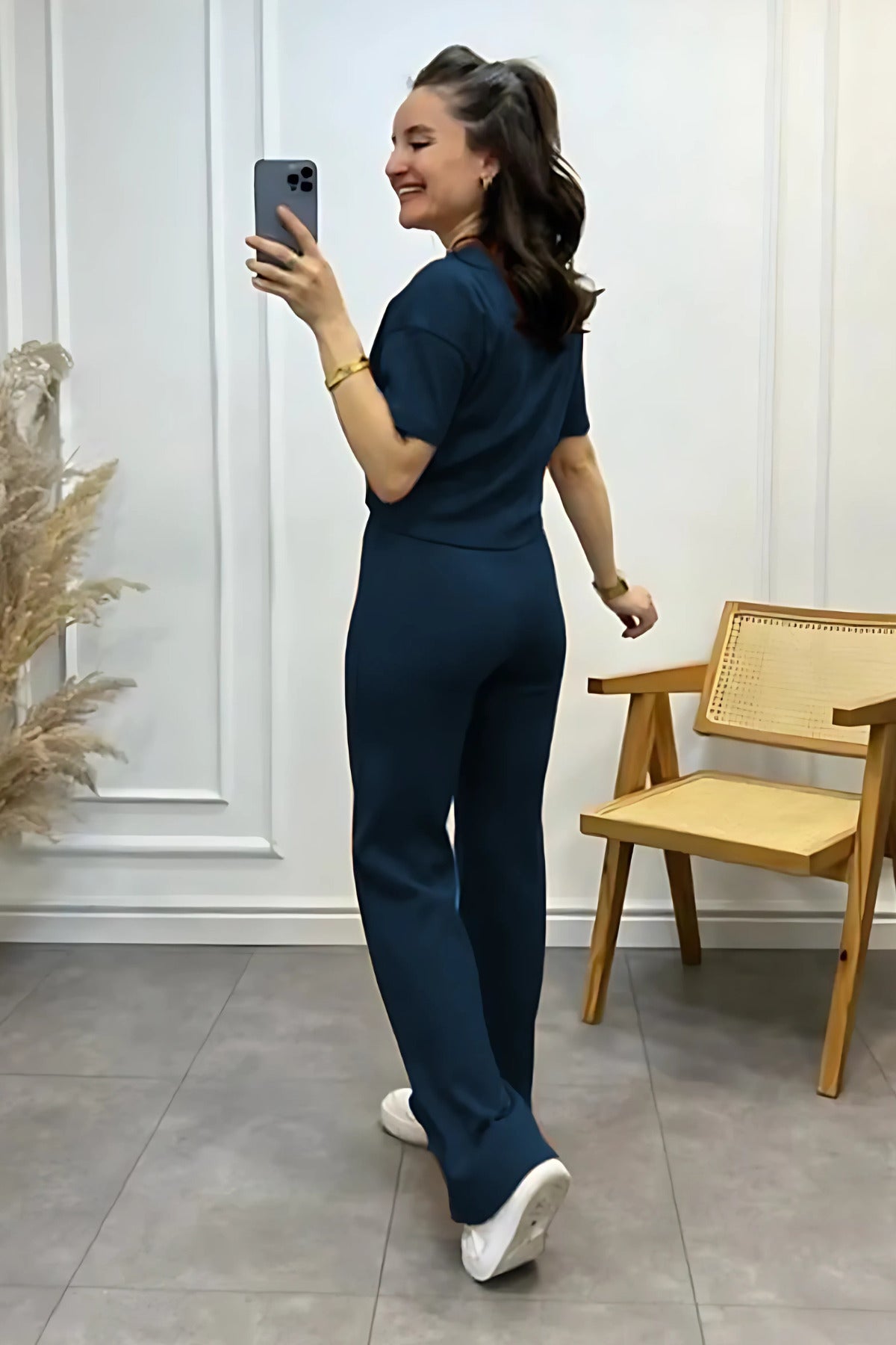 Kadın Şık Alt Üst Yazlık İnce Fitilli Kısa Kollu Takım - Lacivert - 2