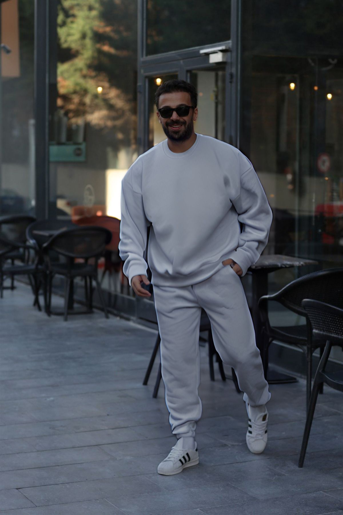 Erkek Unisex 3 İ̇plik Gri̇ Takim Bisiklet Yaka Sweatshirt Ve Eşofman Altı - Gri - 2