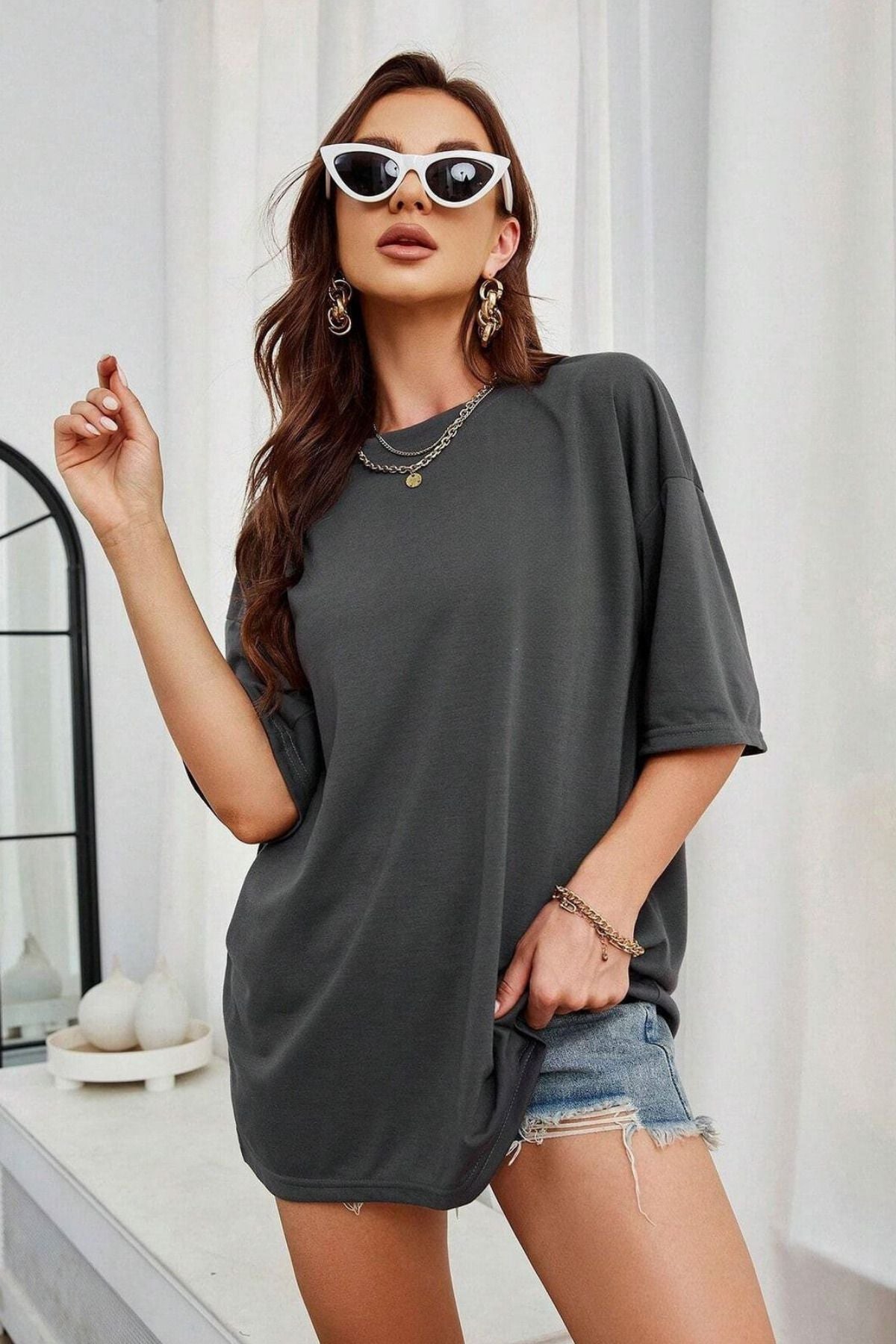 Kadın Bol Dökümülü Tok Kumaş Yazlık Kısa Kollu Tişört - Füme - 1