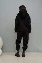 Kadın Eşofman Takımı Sweatshirt Jogger Si̇yah Oversize Şardonlu Kapüşonlu - Siyah - 6