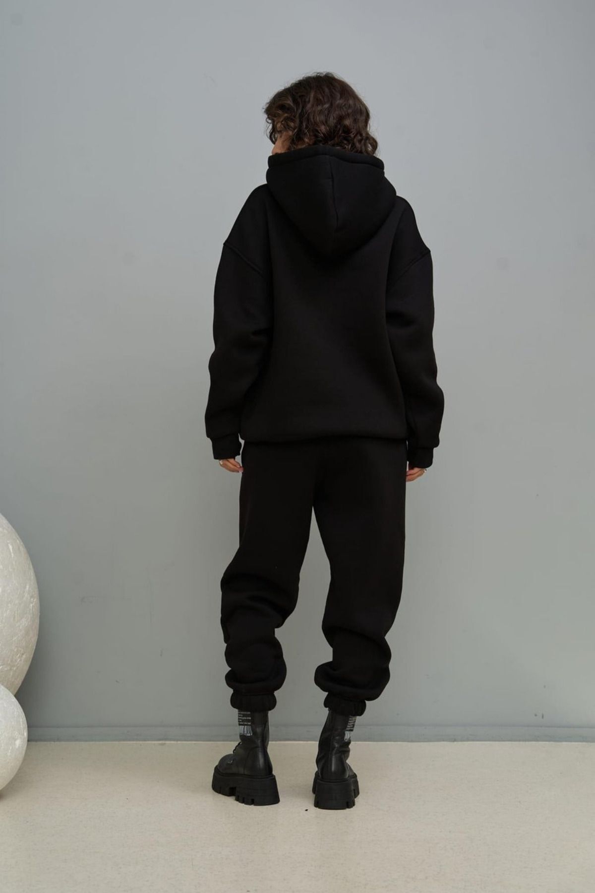 Kadın Eşofman Takımı Sweatshirt Jogger Si̇yah Oversize Şardonlu Kapüşonlu - Siyah - 6