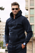 Erkek Bol Kesim Oversize 3 İ̇plik İ̇çi Pamuklu Şardonlu Kanguru Cep Kapşonlu Kışlık Hoodie Sweatshirt - Lacivert - 1