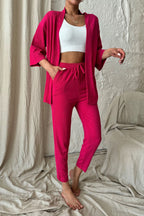 Kadın Dökümlü Bürümcük Yazlık Palazzo Kimono Takım - Pembe - 3