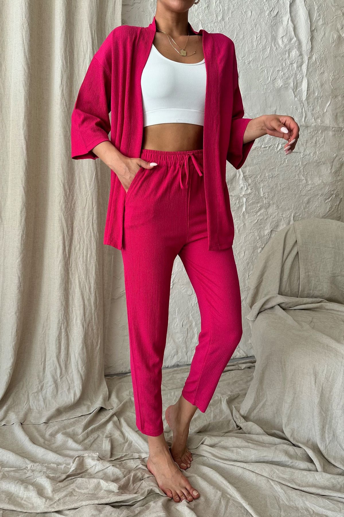 Kadın Dökümlü Bürümcük Yazlık Palazzo Kimono Takım - Pembe - 3