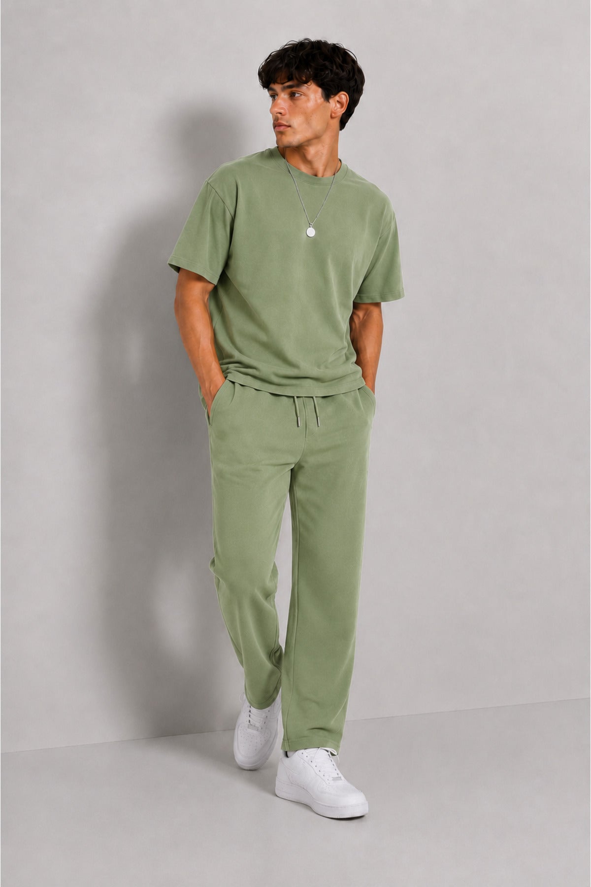 Erkek 2 İ̇plik Oversize Basic Bisiklet Yaka Rahat Kalıp Günlük Eşofman Takımı - Yeşil - 5