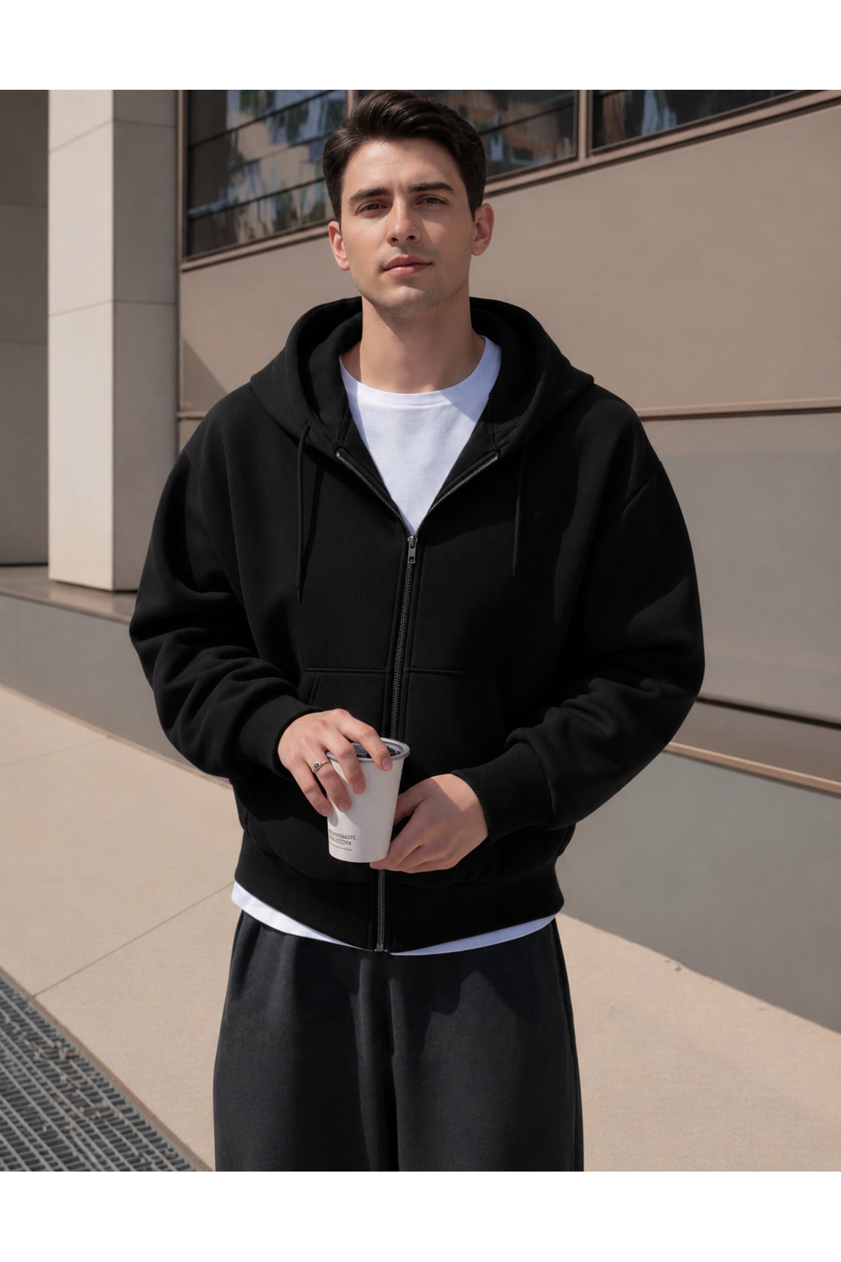 Erkek 3 İ̇pli̇k Fermuarli Kapüşonlu Oversi̇ze Rahat Sweatshirt Hirka - Siyah - 1