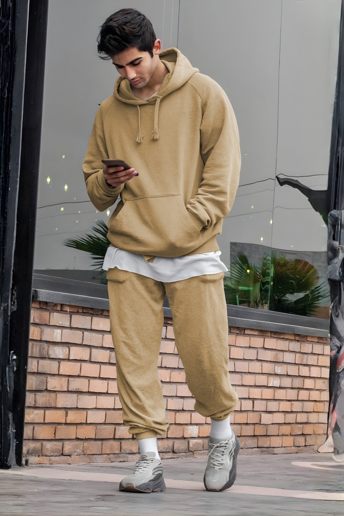 Erkek Oversize 3i̇pliki Şardonlu Basic Eşofman Takımı - Vizon - 1