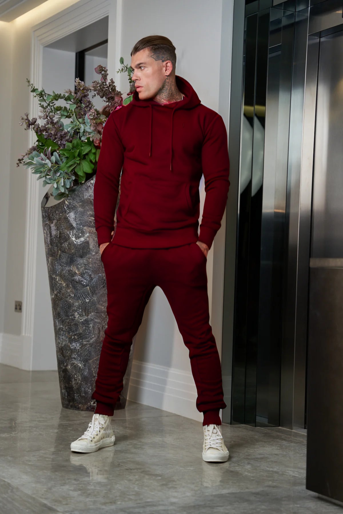 Erkek 3 İ̇plik İ̇çi Pamuklu Bol Basic Jogger Paçası Lastikli Eşofman Takımı - Bordo - 2