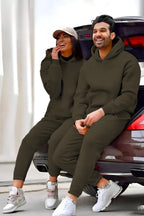 Kadın Erkek Trend Model Çiftlere Özel 3 İplik Oversize Kışlık Kalın Tekli̇ Eşofman Takımı - Haki - 2