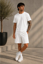 Erkek Oversize Basic Şortlu Bisiklet Yaka Yazlık İ̇kili Takım - Beyaz - 3