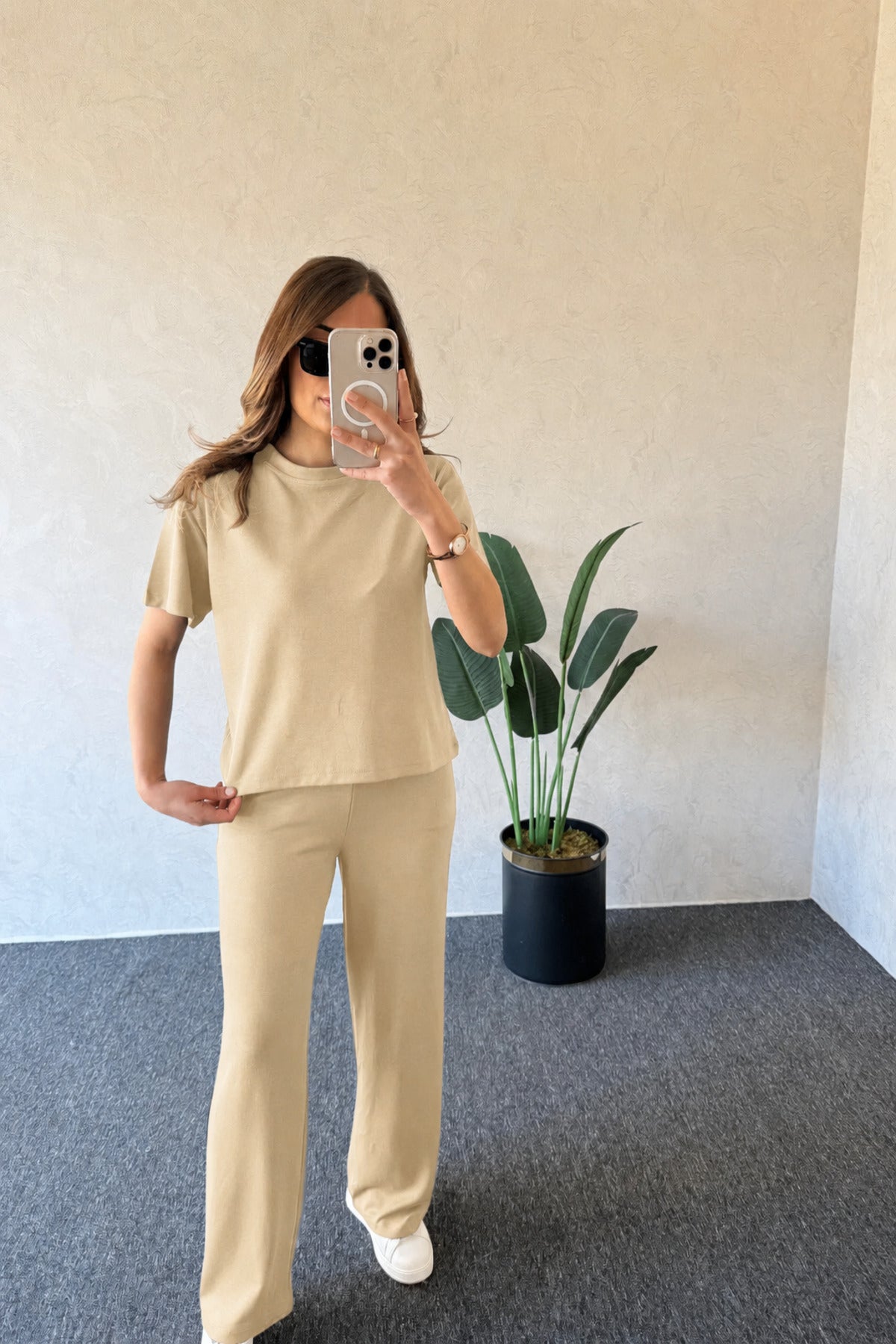 Modal Kumaş Kısa Kollu T-shirt & Pantolon Takımı - Vizon - 1
