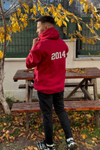 Unisex Kal Nakışlı Baskılı İ̇çi Polarlı Oversize Kapüşonlu Hoodie Sweatshirt - Red - 5