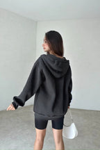 Kadın 3 İ̇plik Oversize Kapüşonlu Fermuarlı Hırka Sweatshirt - Füme - 3