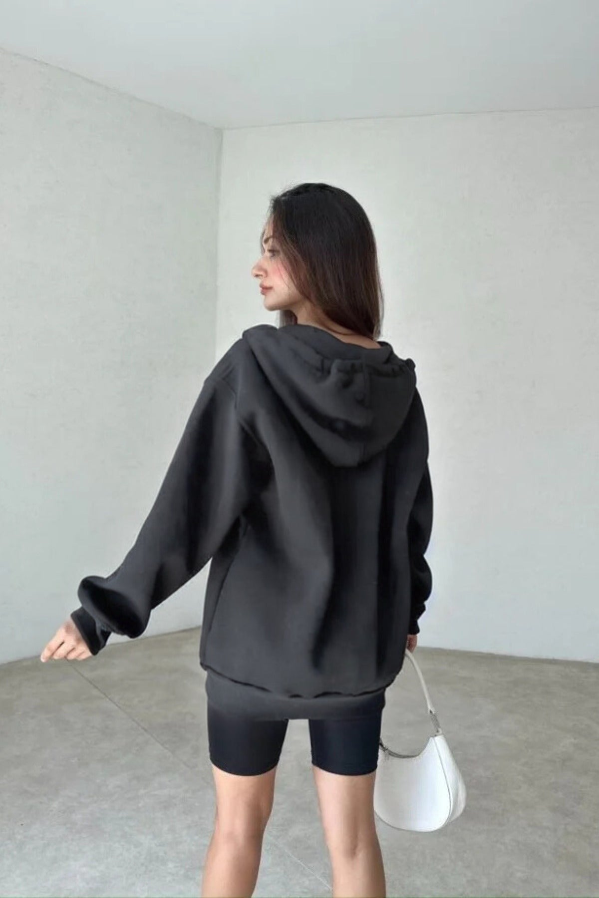 Kadın 3 İ̇plik Oversize Kapüşonlu Fermuarlı Hırka Sweatshirt - Füme - 3