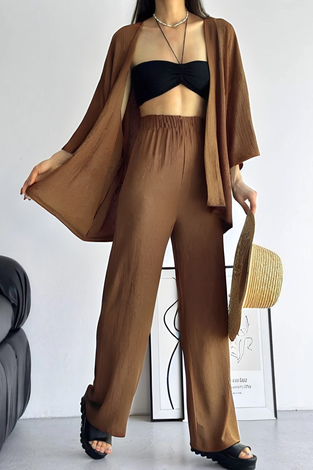 Kadın Bol Paça Palazzo Kimono Alt Üst Takım - Vizon - 1
