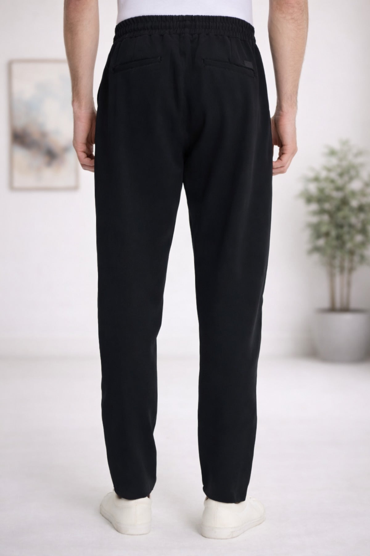 Erkek Regular Fit Beli Lastikli Bağcıklı Rahat Kesim Yan Cepli Jogger Pantolon - Siyah - 4