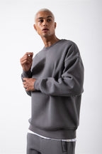 Erkek Bi̇si̇klet Yaka Oversi̇zed 3 İ̇pli̇k Kalin Sweatshi̇rt - Füme - 1