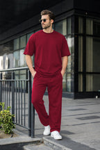 Erkek Basic Oversize Takım Kısa Kollu Penye Konforlu Kombin - Bordo - 1