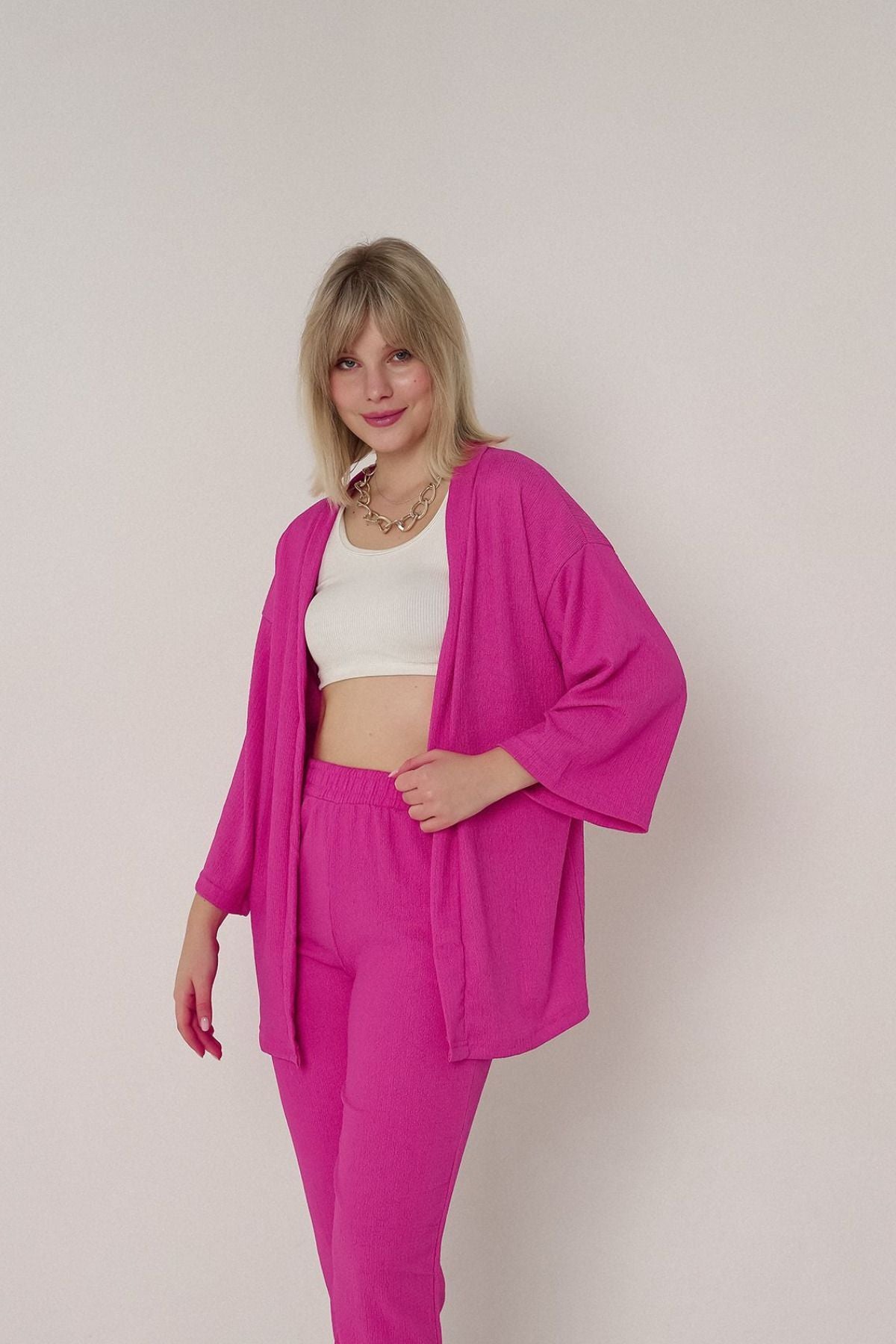 Kadın Rahat Kalıp Bürümcük Yazlık Kimono Takım - Pembe - 1