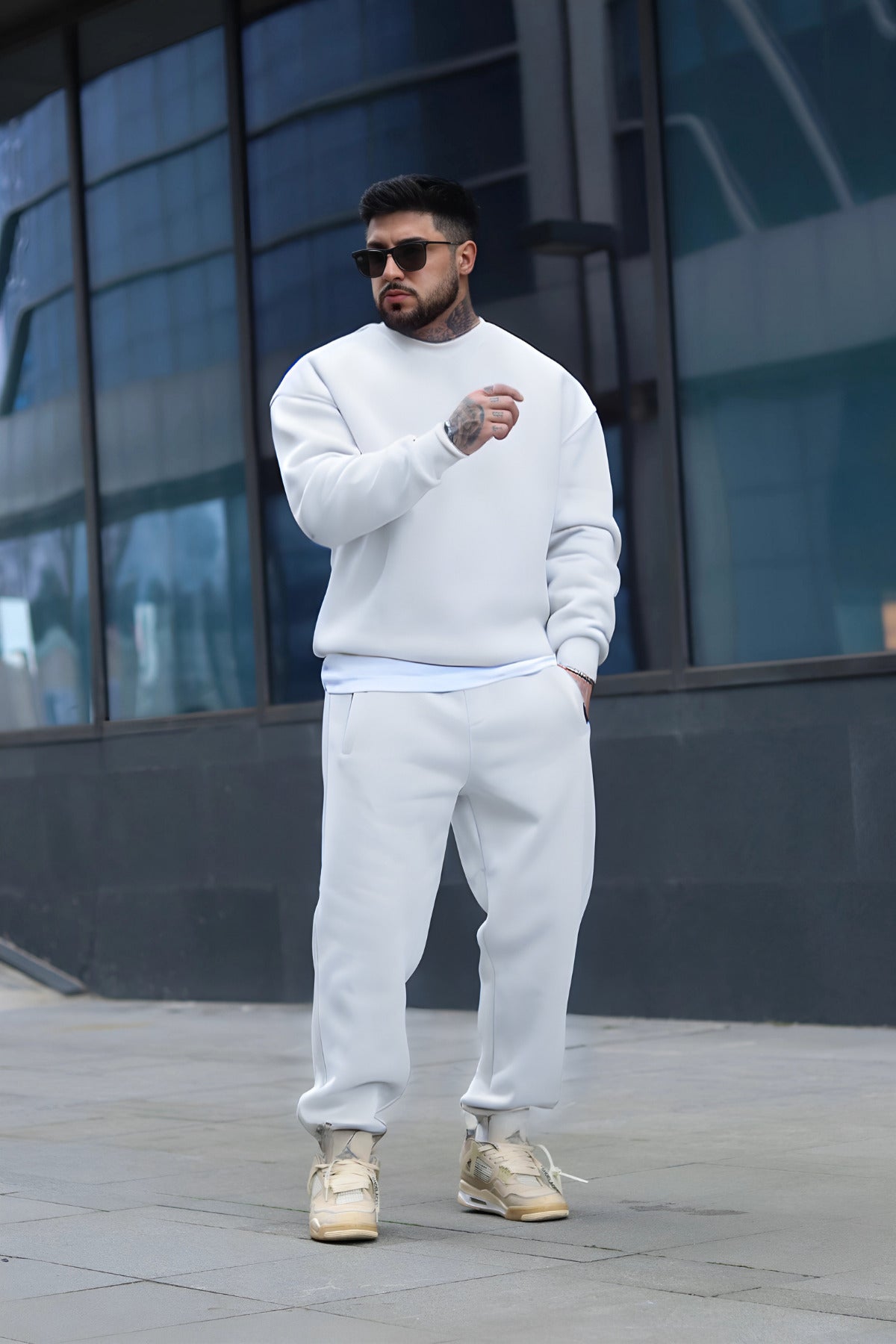 Oversize Pamuklu Kalın Bisikletyaka Eşofman Takımı - Beyaz - 2