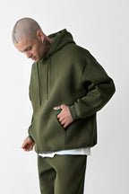 Erkek Bol Kesim Oversize 3 İplik İçi Pamuklu Şardonlu Kanguru Cep Kapşonlu Kışlık Hoodie Sweatshirt - Haki - 2