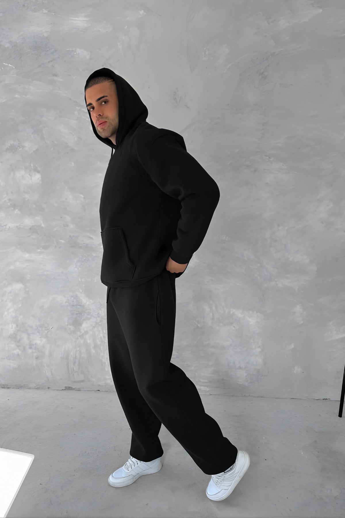 Erkek 3 İ̇pli̇k Oversi̇ze Kapüşonlu Sweatshi̇rt Eşofman Takimi - Siyah - 1