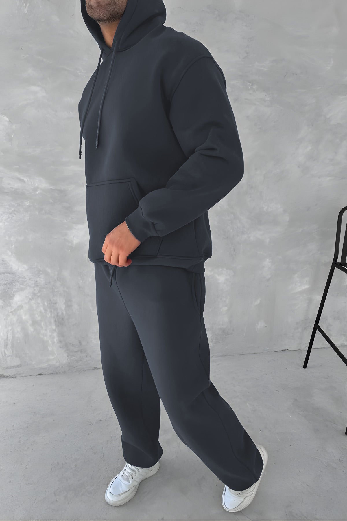 Erkek 3 İ̇pli̇k Oversi̇ze Kapüşonlu Sweatshi̇rt Eşofman Takimi - Füme - 2