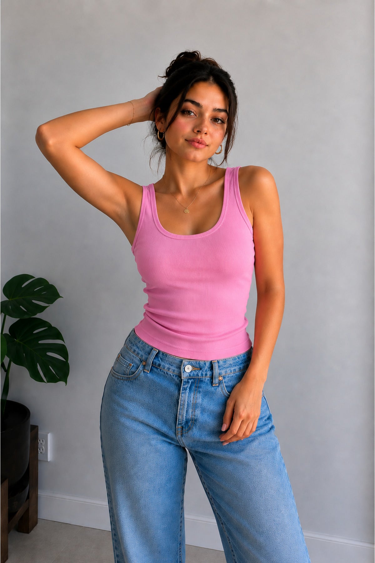 Kadın Esnek Ribanalı Düz Basic Atlet - Pembe - 1
