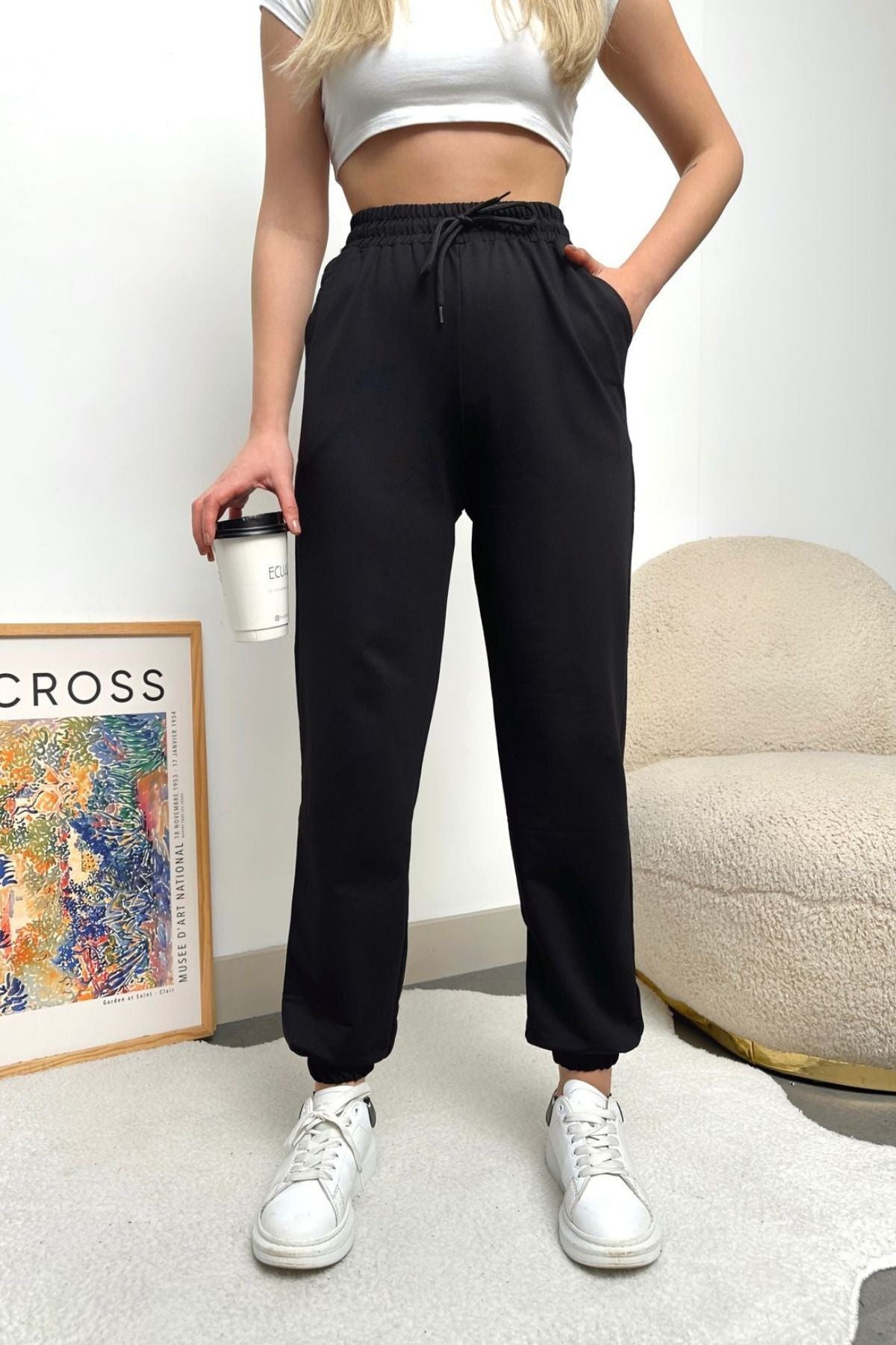 Kadın Siyah Lastikli Bel Jogger Eşofman Altı Puf 3 İplik İ̇pli Yüksek Bel - Siyah - 1