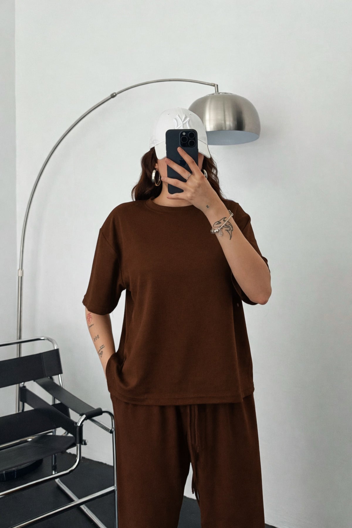 Kadın Modal Penye Yüksek Bel Oversize Alt Üst Takım - Kahverengi - 3