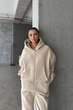 Kadin 3 İ̇pli̇k Oversi̇ze Fermuarli Sweatshi̇rt Hirka Eşofman Takimi - Beige - 4