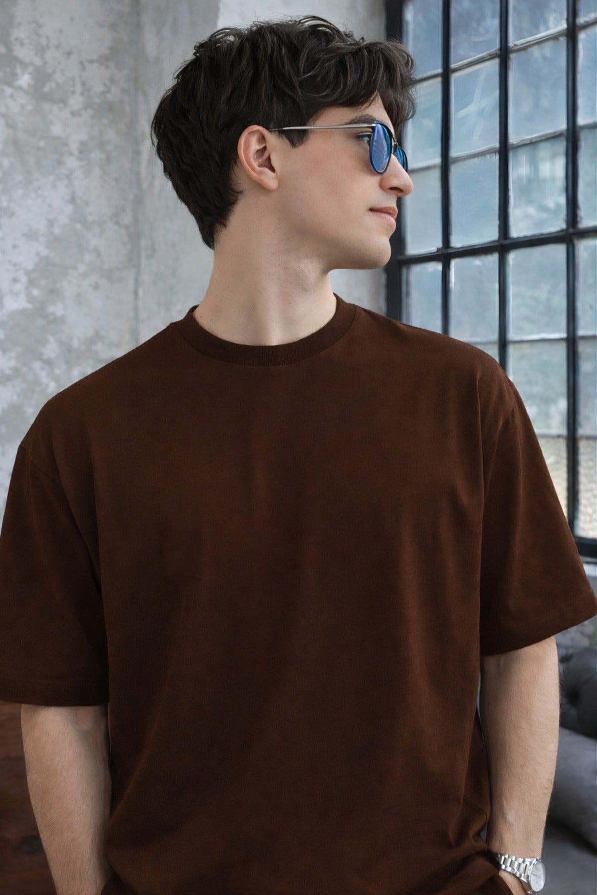 Erkek Kisa Kollu Oversize Bisiklet Yaka Rahat Kesi̇m Beli̇ Bağlamali Eşofman Takimi - Kahverengi - 2