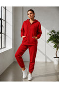 Kadin 3 İ̇pli̇ş Kapüşonlu Fermuarli Sweatshirt Hirka Yüksek Bel Jogger Eşofman Takimi - Kırmızı - 1