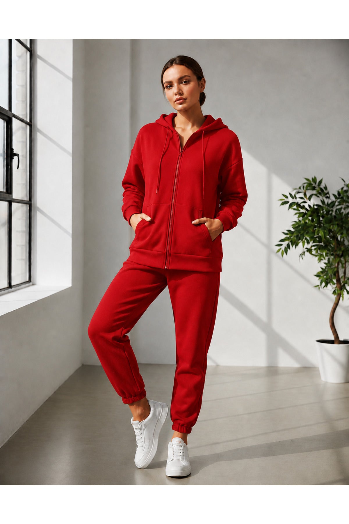 Kadin 3 İ̇pli̇ş Kapüşonlu Fermuarli Sweatshirt Hirka Yüksek Bel Jogger Eşofman Takimi - Kırmızı - 1