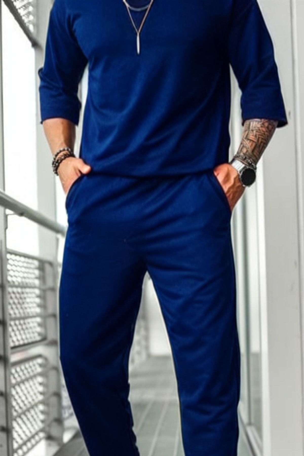 Erkek Kısa Kollu Pijama Takımı Bisiklet Yaka - Lacivert - 5