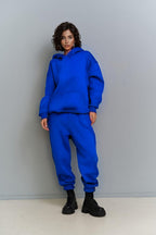 Kadın Eşofman Takımı Sweatshirt Jogger Oversize Şardonlu Kapüşonlu - Saks Mavisi - 2