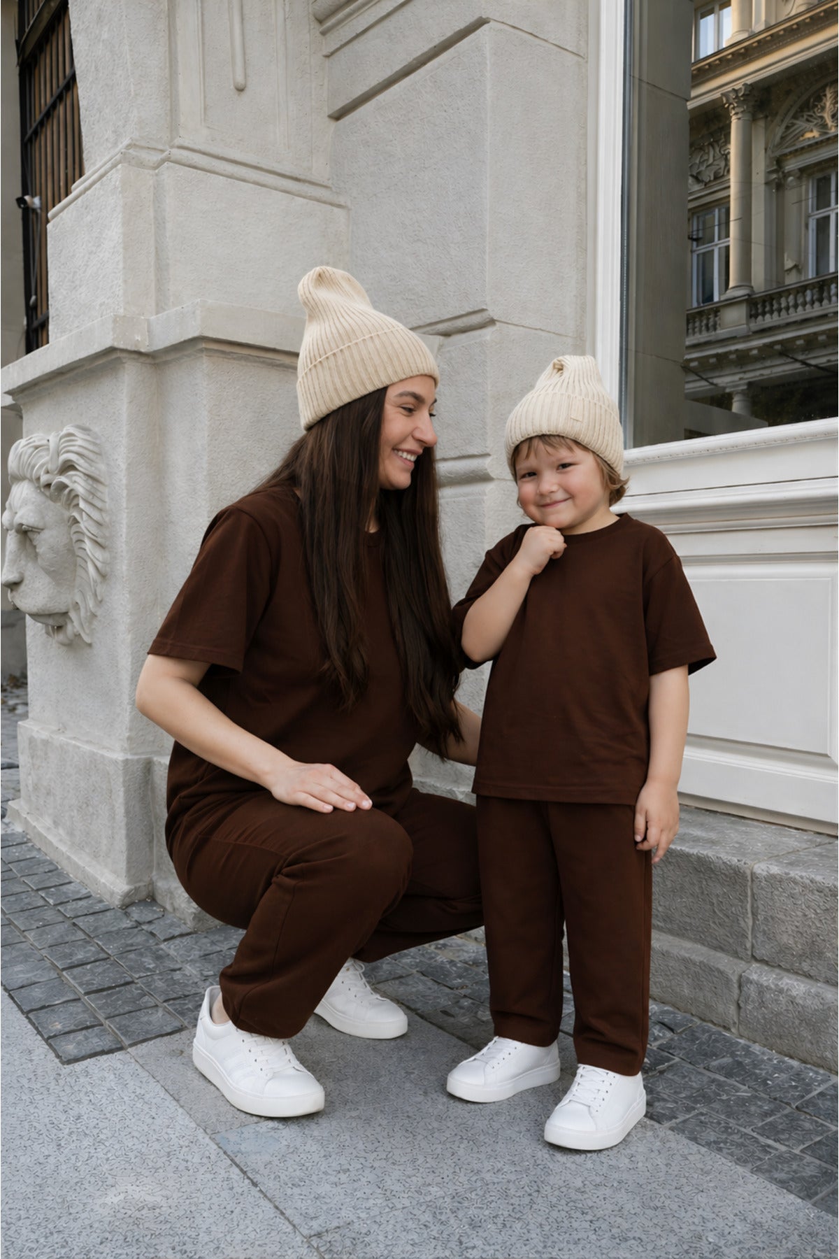 Anne-çocuk 2 İ̇pli̇k Kisa Kollu Modal Oversize Bisiklet Yaka Yüksek Bel Alt-üst Takim (tekli̇) - Kahverengi - 2